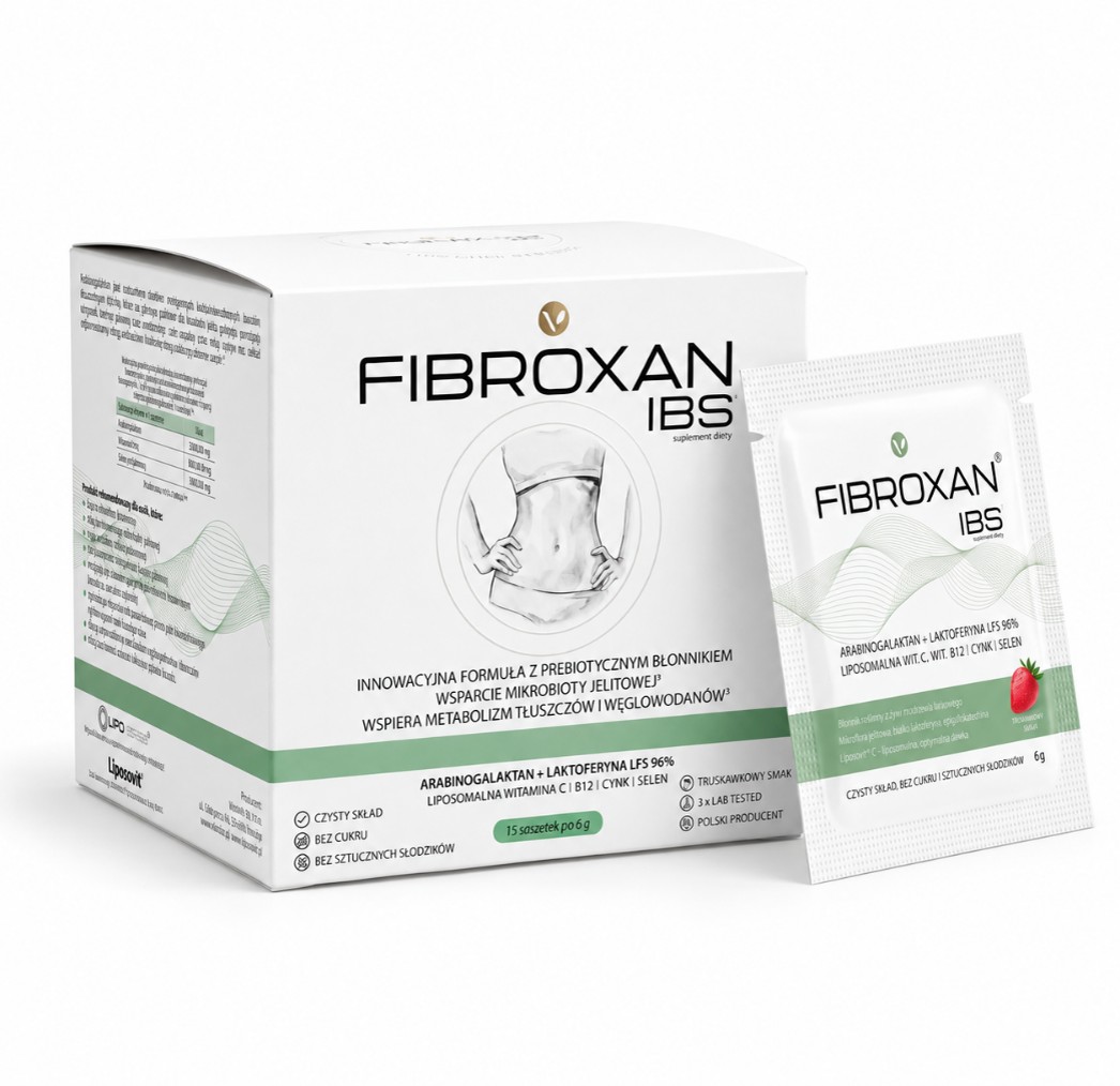 Fibroxan® IBS Arabinogalaktan  z Laktoferyną 96% Liposomalną Witaminą C Aktywną B12 Selenem i Cynkiem 15 saszetek po 6g Truskawka, Virentia
